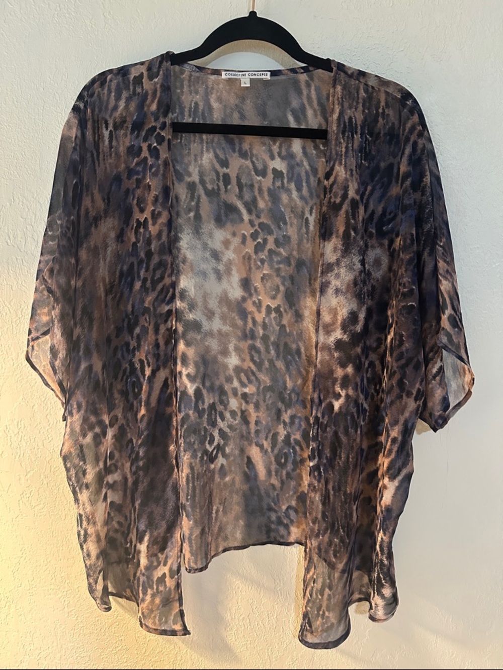 Collective Concepts Sheer Leopard Print Tunic Kimono in Purple, Brown and Black